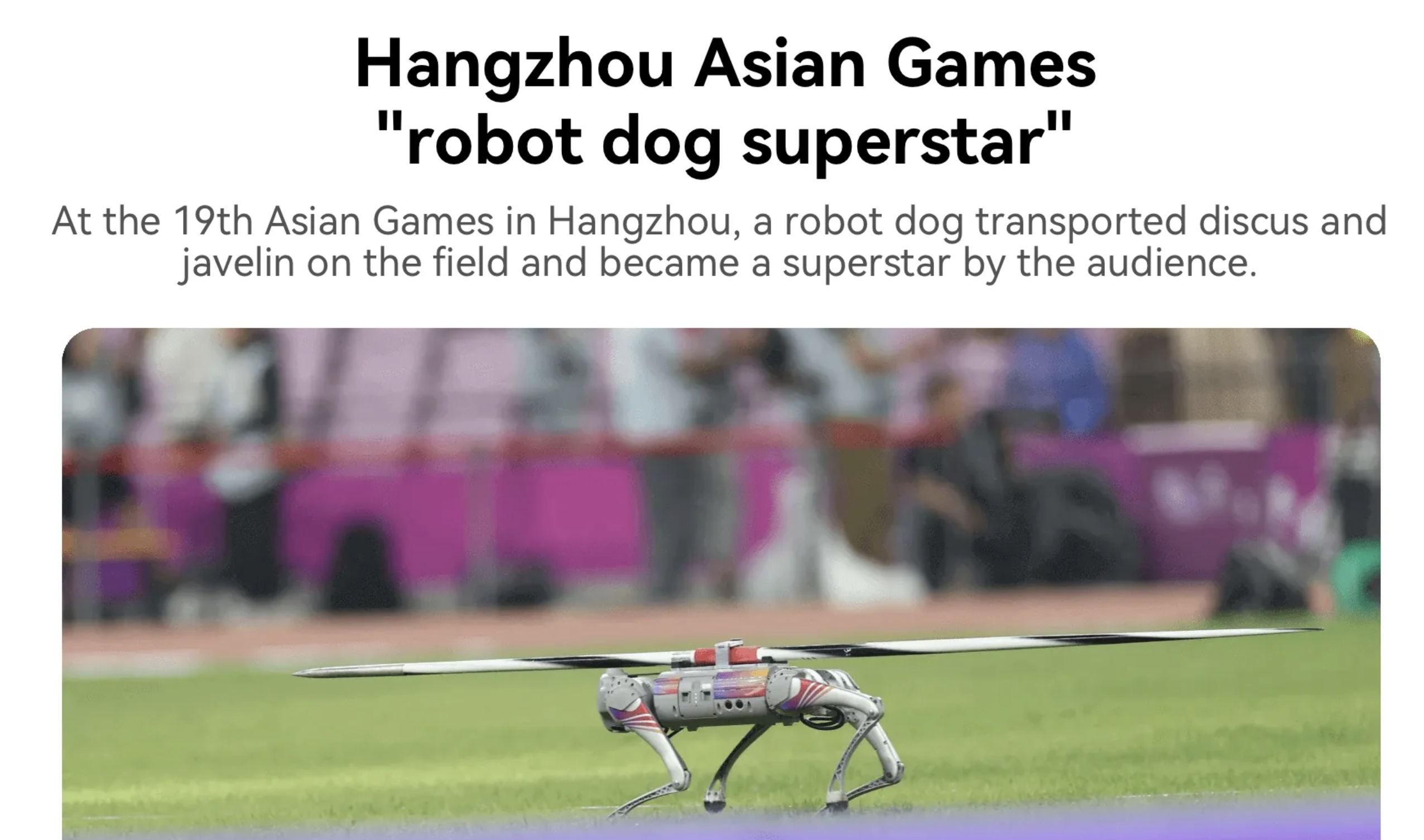 Robodog at Hangzhou Asian Games carrying equipment on field