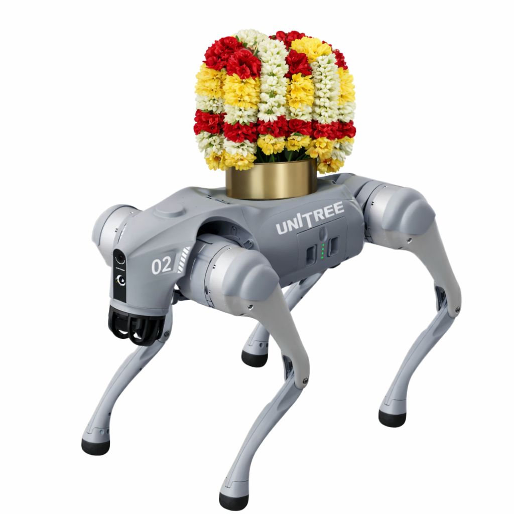 Robot Dog carrying a garland